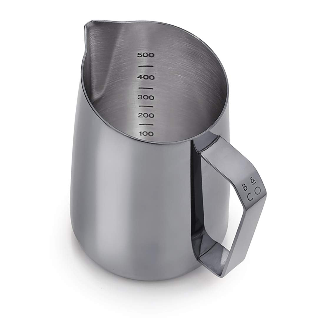 Barista & Co Stainless Steel Milk Jug - Portable Dial Milk Frothing Jug for Coffee Machine with Internal Measuring Marks - Black 600ml Milk Frothing Pitcher for Coffee Art Making, as Latte, Cappuccino