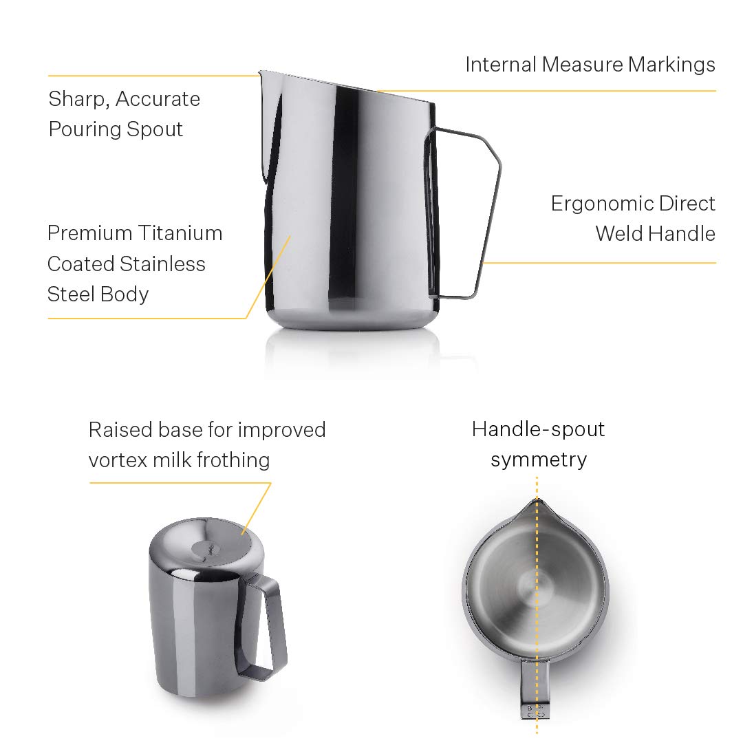 Barista & Co Stainless Steel Milk Jug - Portable Dial Milk Frothing Jug for Coffee Machine with Internal Measuring Marks - Black 600ml Milk Frothing Pitcher for Coffee Art Making, as Latte, Cappuccino