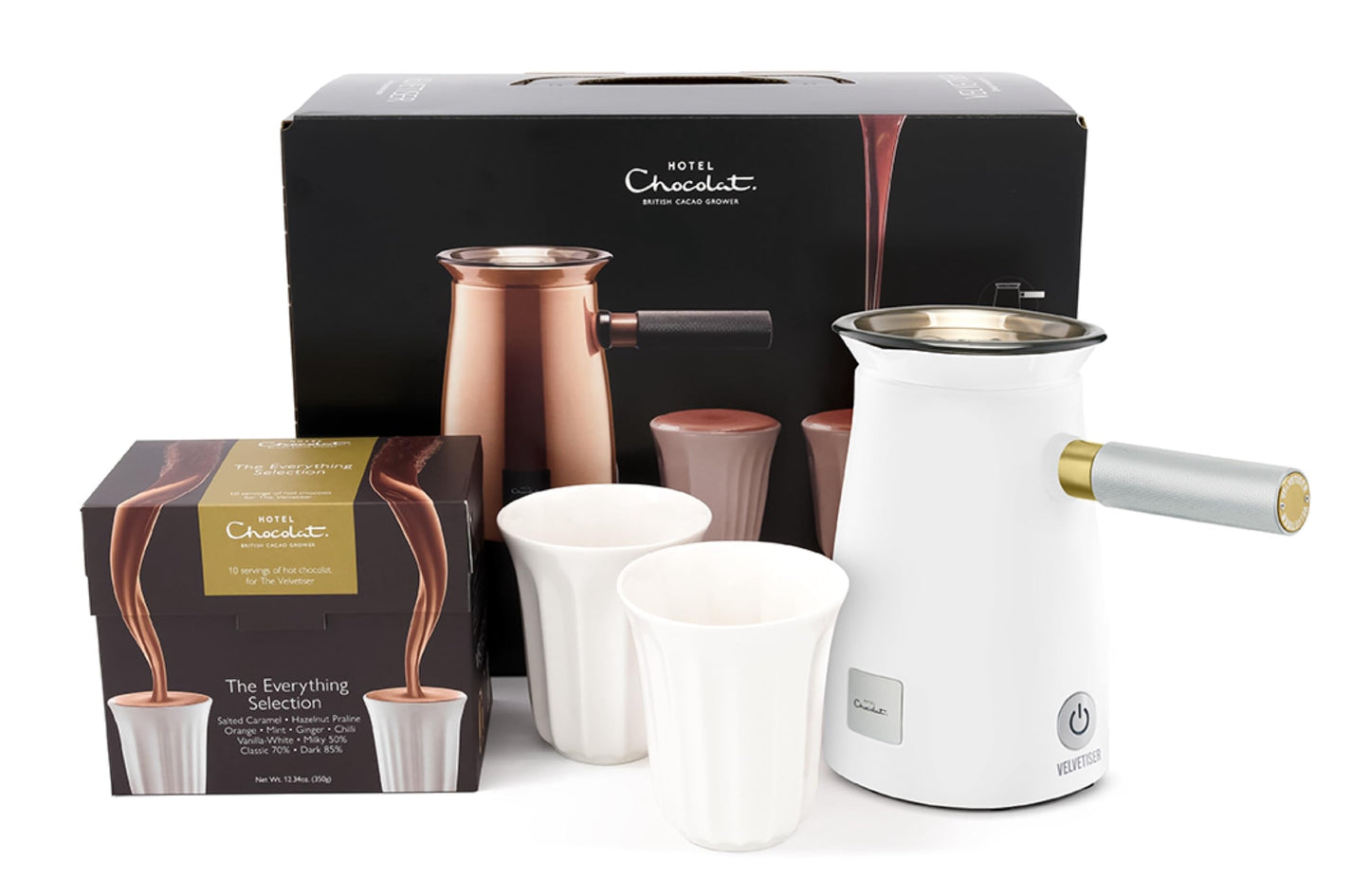 Hotel Chocolat Velvetiser - In-Home Hot Chocolate Machine - Barista-Grade Hot Chocolate Maker - Complete Starter Kit - White Edition - 2 Ceramic Podcups & 10 Single-Serve Sachets