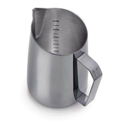 Barista & Co Stainless Steel Milk Jug - Portable Dial Milk Frothing Jug for Coffee Machine with Internal Measuring Marks - Black 600ml Milk Frothing Pitcher for Coffee Art Making, as Latte, Cappuccino