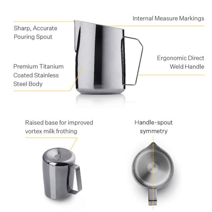 Barista & Co Stainless Steel Milk Jug - Portable Dial Milk Frothing Jug for Coffee Machine with Internal Measuring Marks - Black 600ml Milk Frothing Pitcher for Coffee Art Making, as Latte, Cappuccino