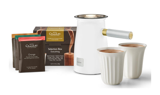 Hotel Chocolat Velvetiser - In-Home Hot Chocolate Machine - Barista-Grade Hot Chocolate Maker - Complete Starter Kit - White Edition - 2 Ceramic Podcups & 10 Single-Serve Sachets