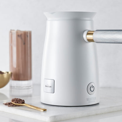 Hotel Chocolat Velvetiser - In-Home Hot Chocolate Machine - Barista-Grade Hot Chocolate Maker - Complete Starter Kit - White Edition - 2 Ceramic Podcups & 10 Single-Serve Sachets